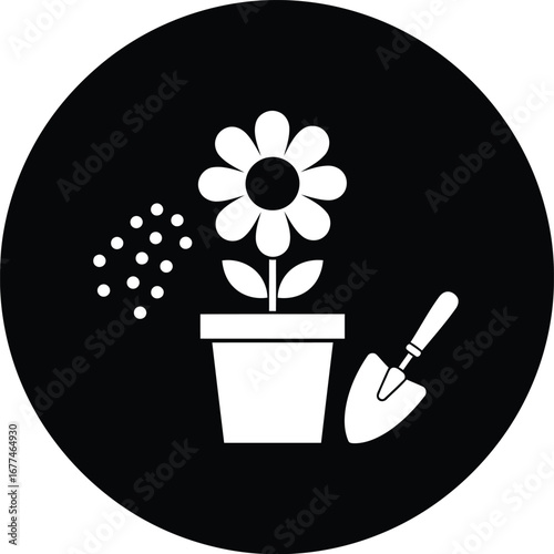 Illustration of a flower in a pot being watered with a shovel