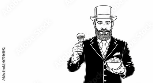 Distinguished gentleman with beard holds shaving brush and bowl of lather