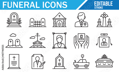 Editable Funeral Icons Depicting Grief and Burial Practices
