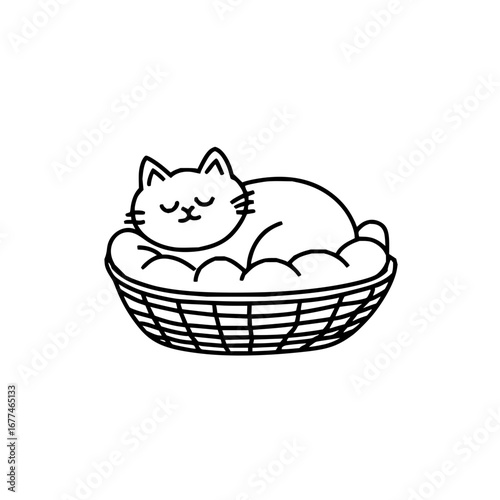 Cute sleeping cat in basket vector illustration for pet lovers and animal themed designs and coloring pages