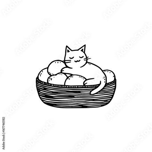 Cute cat sleeping in basket of potatoes illustration vector drawing line art for pet lovers and foodies alike