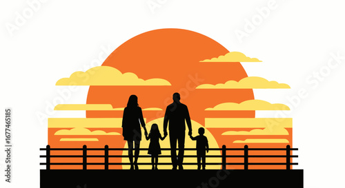 Family silhouette walking together on a pier against a vibrant sunset sky