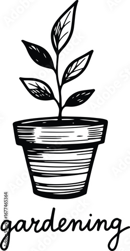Illustration of a plant in a pot with the word gardening