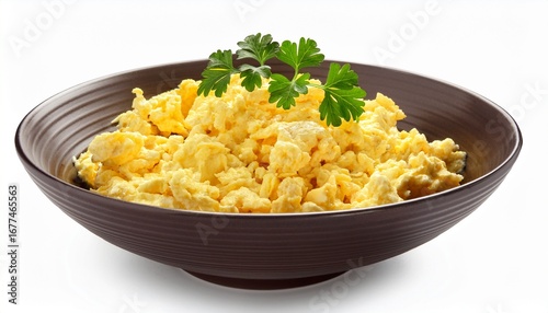 scrambled egg in bowl isolated on white background