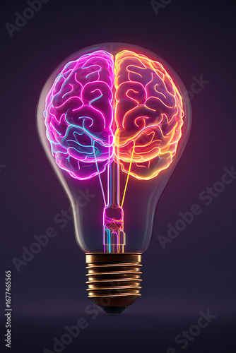 A vibrant neon brain inside a light bulb, symbolizing creativity and innovation against a dark background