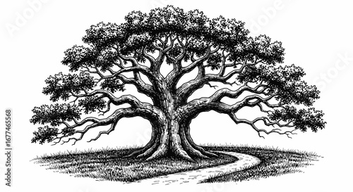 Majestic ancient oak tree with winding path on grassy hill, rendered in detailed pen and ink style.