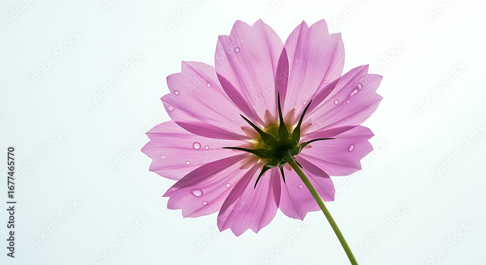 Fototapeta premium A Backlit Pink Cosmos Flower Displays Delicate Petals And Water Droplets From Below, Creating A Serene Botanical View.