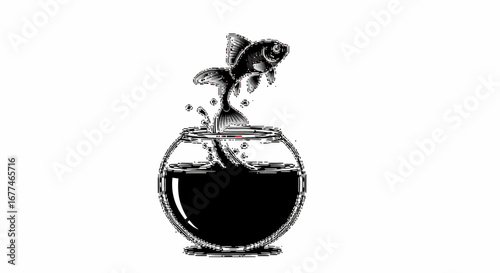 A goldfish leaps triumphantly from its bowl, symbolizing freedom and escape.