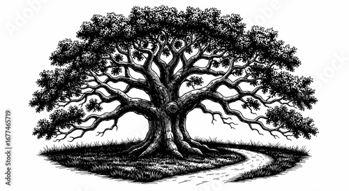 Majestic ancient oak tree with a winding path through green grass under a clear sky