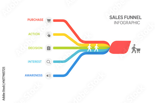 Sales Funnel Infographic: A visually clear sales funnel infographic illustrating the customer journey from awareness to purchase with clean design and vivid color, showing business data analysis. 