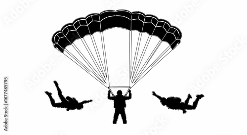 Three skydivers in silhouette, one central figure under a large parachute with two others falling beside.