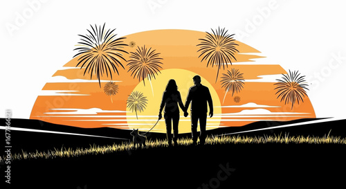 Couple and dog walking at sunset with fireworks celebration