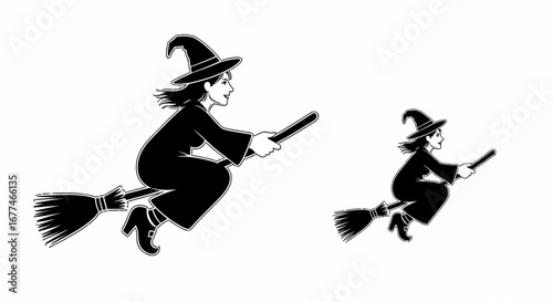 Two witches flying on broomsticks, one larger than the other, against a white background.