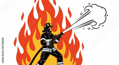 Brave firefighter in protective gear bravely battles a large, intense fire with a water hose.