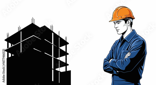 Construction worker contemplates building progress with arms crossed