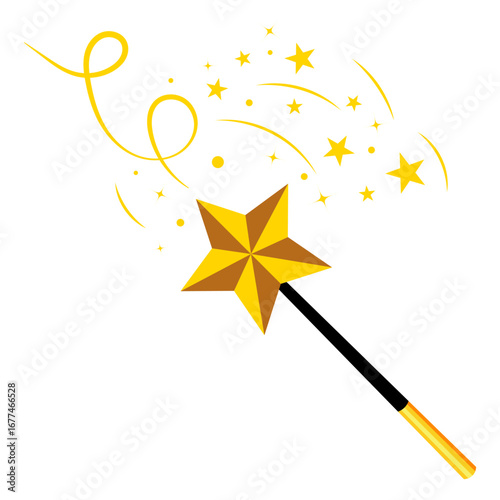 Magic Wand with Golden Star and Sparkling Effects Vector Illustration. A magic wand with a golden star tip, surrounded by sparkling stars, glowing swirls and shining light effects.
