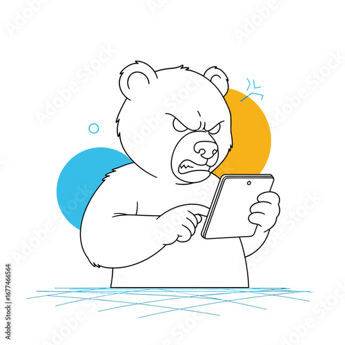 Grumpy cartoon bear engrossed in using a tablet device with a frustrated expression showing on its face
