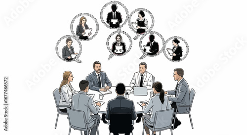 Diverse team collaborates around a table, connected by virtual communication bubbles