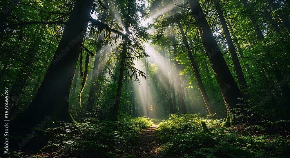 Obraz premium Sunlight Streams Through The Dense Canopy Of A Lush Green Forest, Illuminating A Winding Path On The Mossy Floor. A Peaceful Nature Scene.