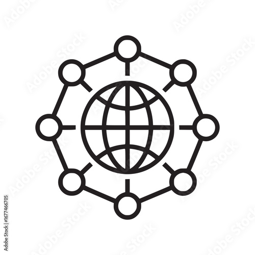 A simple black and white line drawing of a globe connected to circles by lines on a white background