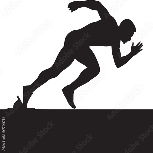Silhouette of a male athlete in starting position for a race on a black and white background image