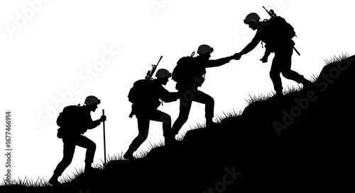 Soldiers helping each other climb a steep hill, symbolizing teamwork and support.