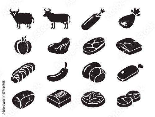 Industrial Meat Factory Product Collection Icon Set in Silhouette Vector Art