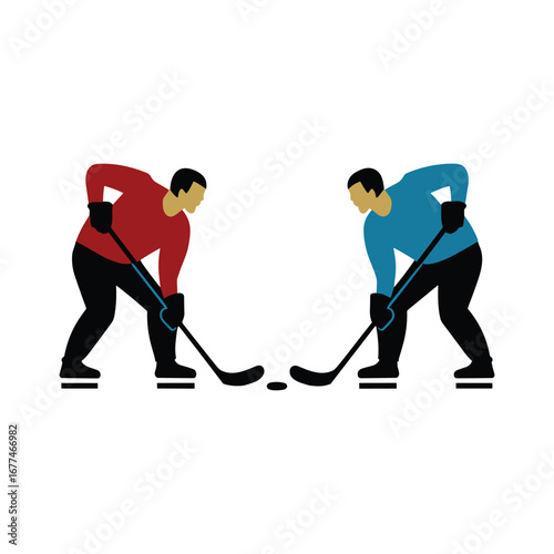 Ice Hockey Faceoff Illustration – Two Players Competing for Puck Vector Design.