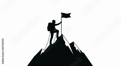 Adventurous silhouette of a climber planting a flag on a mountain peak, symbolizing achievement and victory.