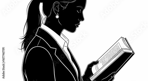 Focused businesswoman in silhouette reading an open book with concentration