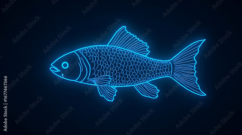 Naklejka premium Neon Blue Fish Illustration on Dark Background for Marine and Aquatic Themes