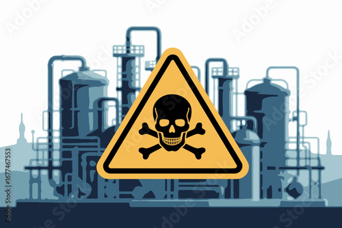 Hazardous industrial area warning sign with stylized chemical plant in background emphasizing danger and risk of pollution