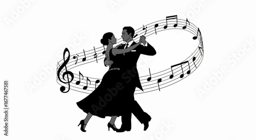 Elegant couple dancing gracefully within a swirling musical staff.