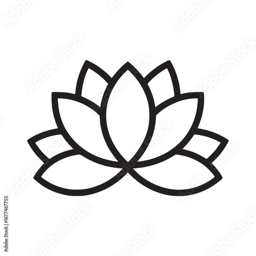 A simple black outline drawing of a lotus flower with pointed petals on a white background design art