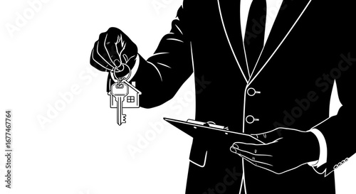 Real estate agent offering house keys and clipboard, symbolizing home ownership and new beginnings.