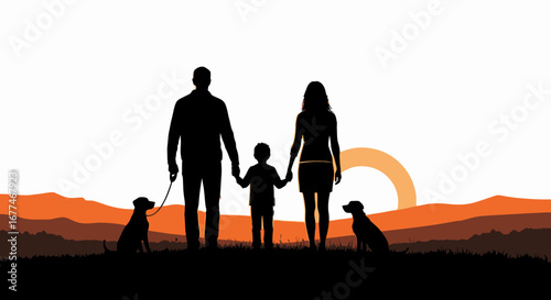 Family and dogs silhouetted against a sunset landscape, holding hands