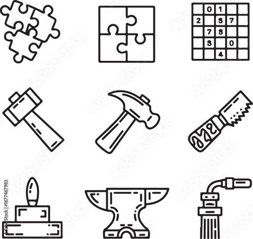 Hand Sketched Outline Icons of Puzzles Woodworking and Metalworking Collection with Jigsaw Puzzle Crossword Sudoku Hammer Saw Chisel Anvil Welding Torch