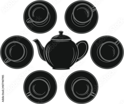 Vector art of teapot surrounded by cups on a dark background, an elegant arrangement for tea time