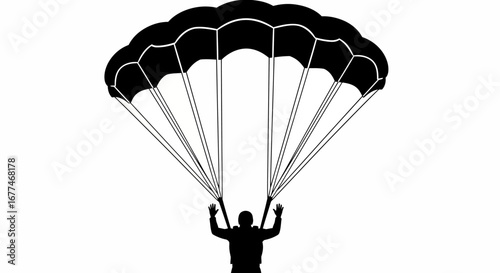 Silhouette of a skydiver descending with a large parachute against a white background