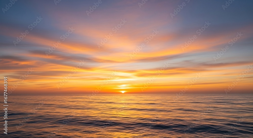 Obraz premium Golden Sunset Over Ocean: Serene Waters, Fiery Sky, Tranquil Horizon.