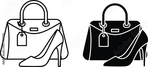 Illustration of a handbag and high heel shoe, fashion accessories