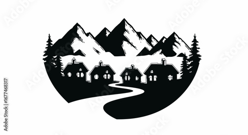 Serene mountain village nestled among evergreen trees with a winding path.