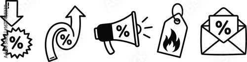 Vector art of doodle style sale icons with percent, arrow, megaphone, tag, envelope