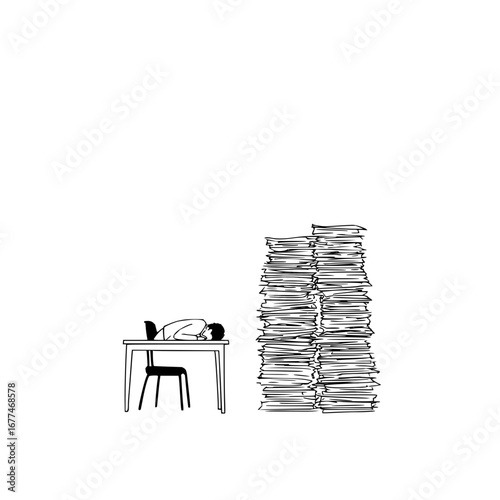 Overwhelmed office worker with laptop and huge stack of paperwork deadline stress and burnout concept