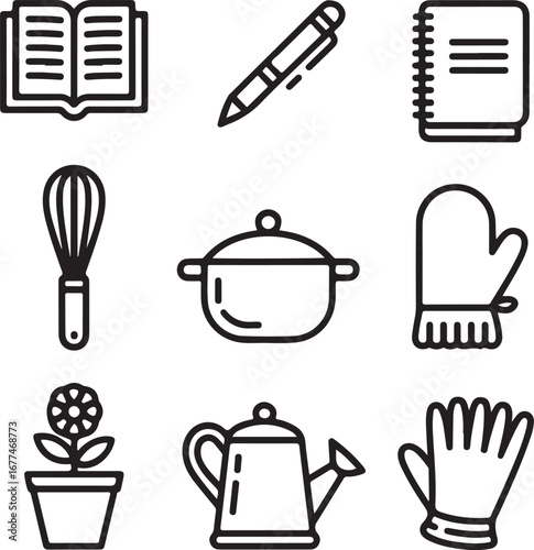 Hand Sketched Outline Icons of Reading Writing Cooking Baking and Gardening Collection with Book Pen Notebook Whisk Oven Mitt Flower Pot Watering Can Garden Gloves