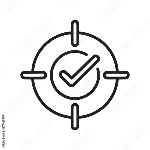 Black and white target icon with check mark inside the circle on a white background illustration