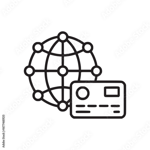 Outline drawing of a globe network with nodes and a credit card on a white background surface