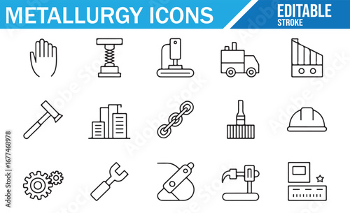 Metallurgy and manufacturing icons featuring gears, trucks, and tools for factory operations.
