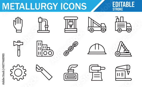 Set of icons showcasing industrial machinery, metalworking tools, and production equipment.