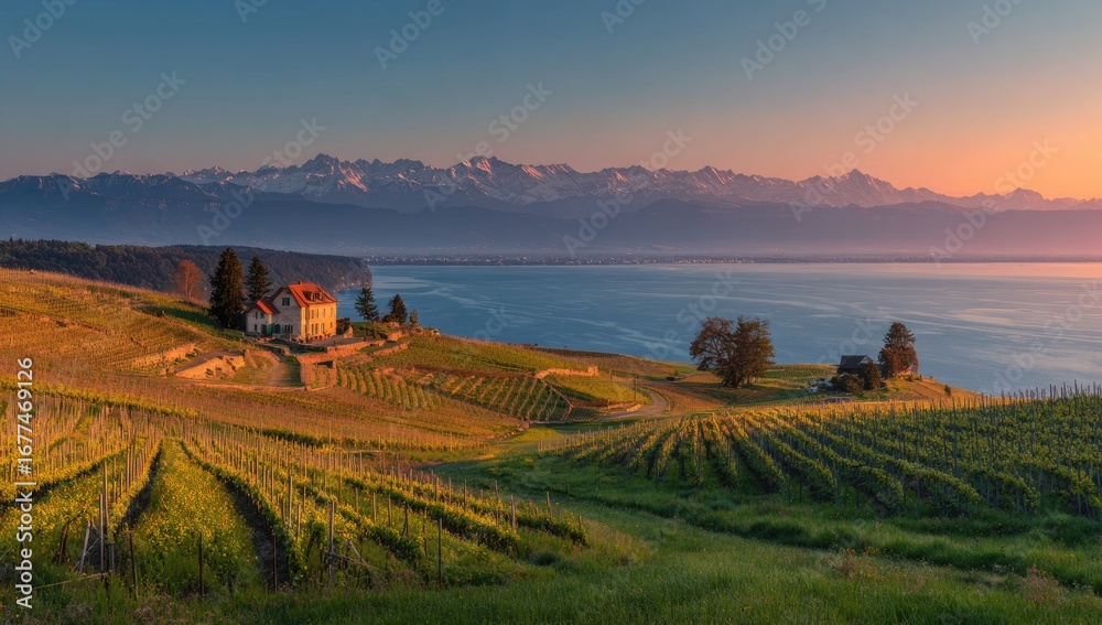 Obraz premium Panoramic vineyard landscape at sunrise